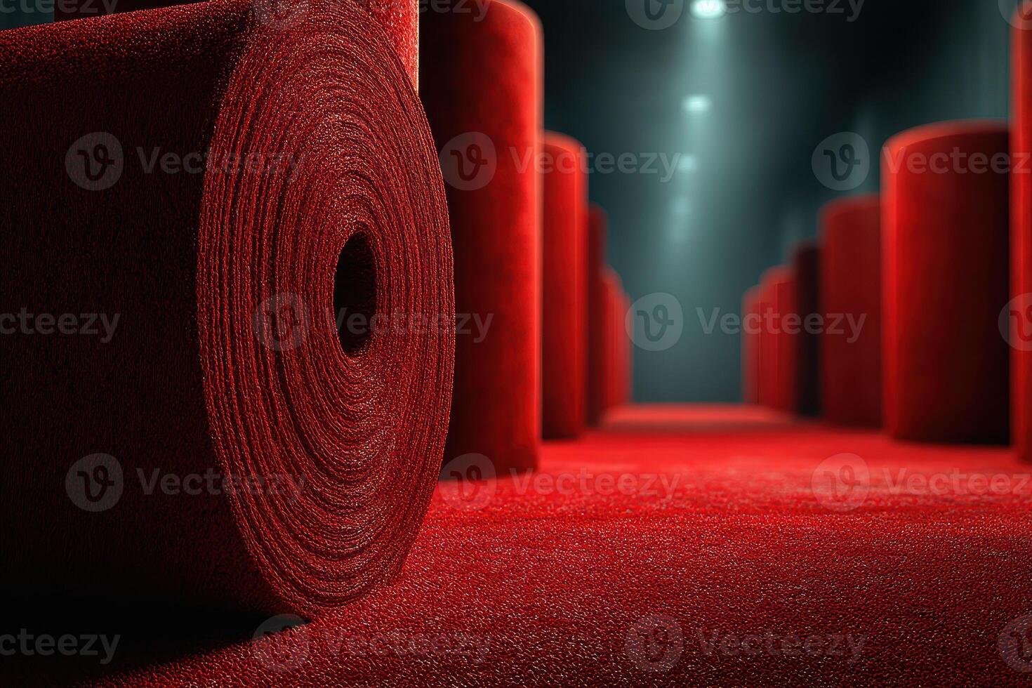Red carpet rolls arranged in a large warehouse during daylight with soft lighting effects photo