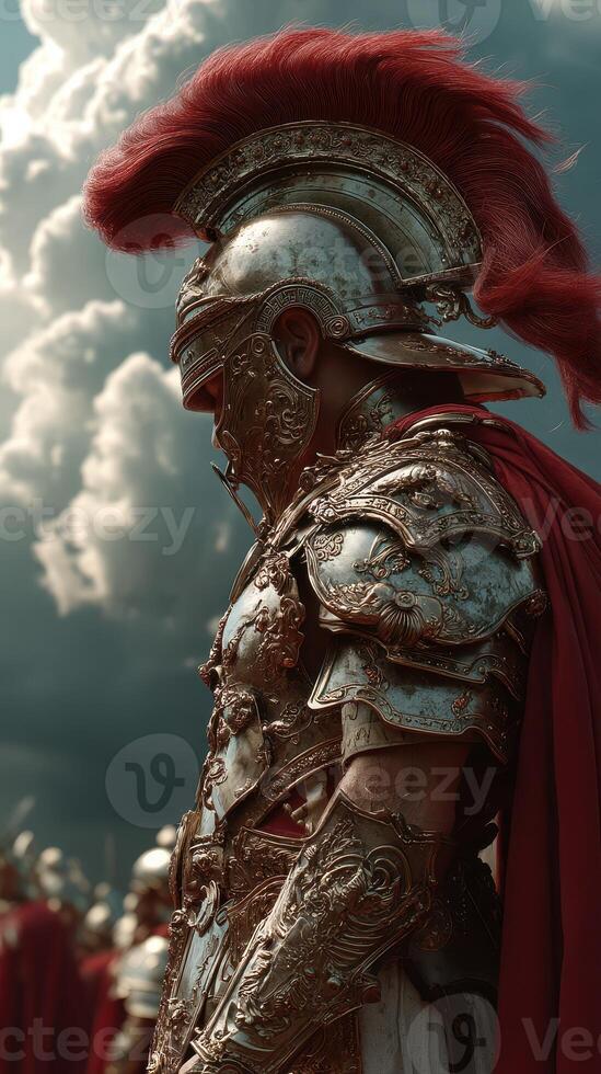 Warrior in ornate armor with red plume stands ready for battle against dramatic sky photo