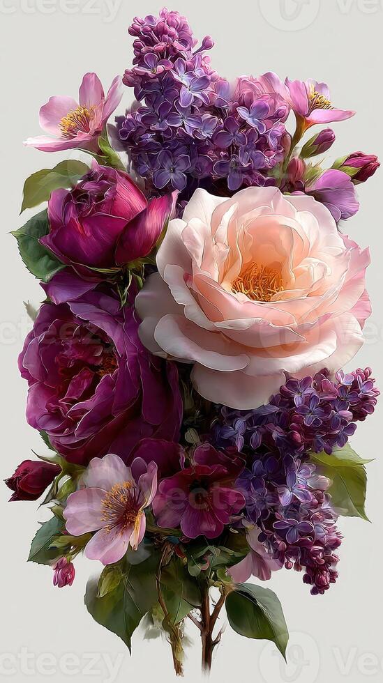 Colorful bouquet of peonies and lilacs arranged with care in a soft light setting, highlighting the beauty of spring flowers inside a cozy room photo