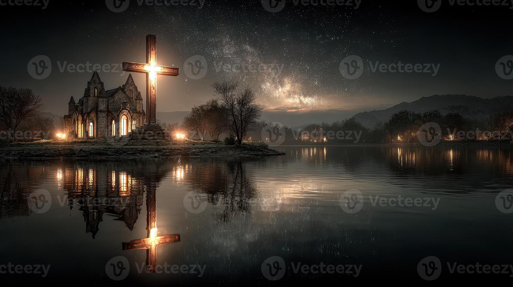 Majestic illuminated cross beside ancient church reflecting in calm lake under starry night sky photo