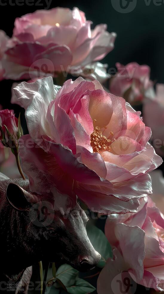 Intricate blossoms and darkened animal figures create a surreal floral composition in vivid colors photo