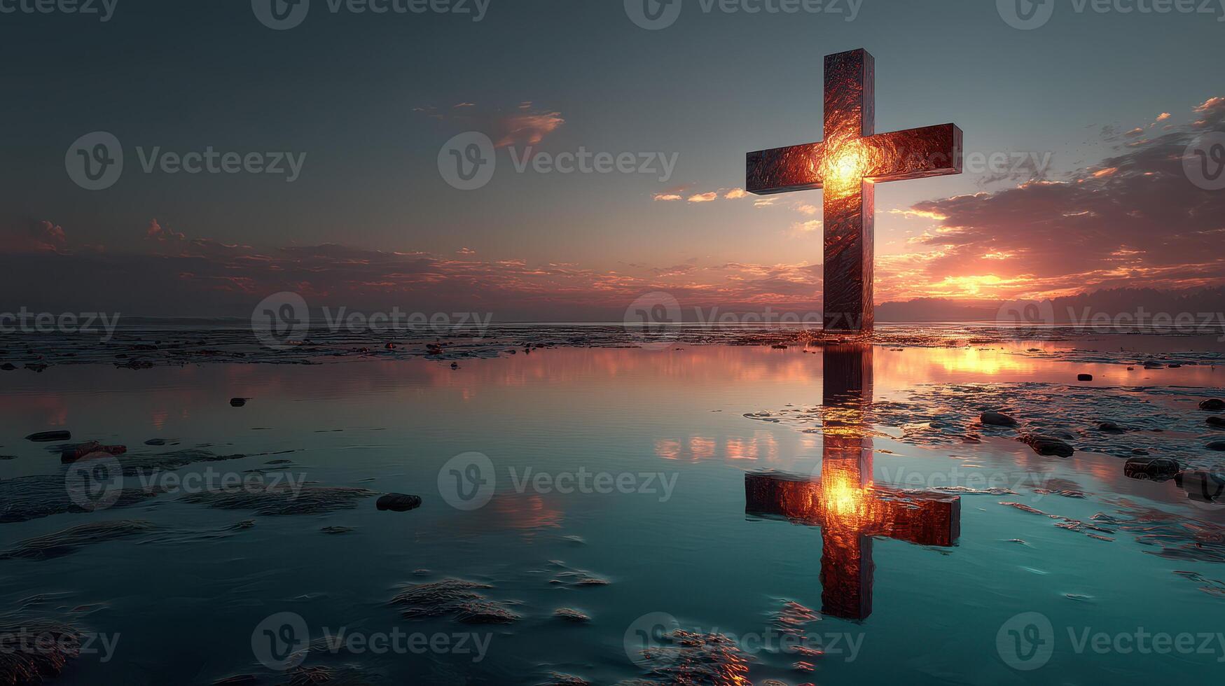 Serene sunset over a reflective cross in a tranquil landscape by the water's edge at dusk photo