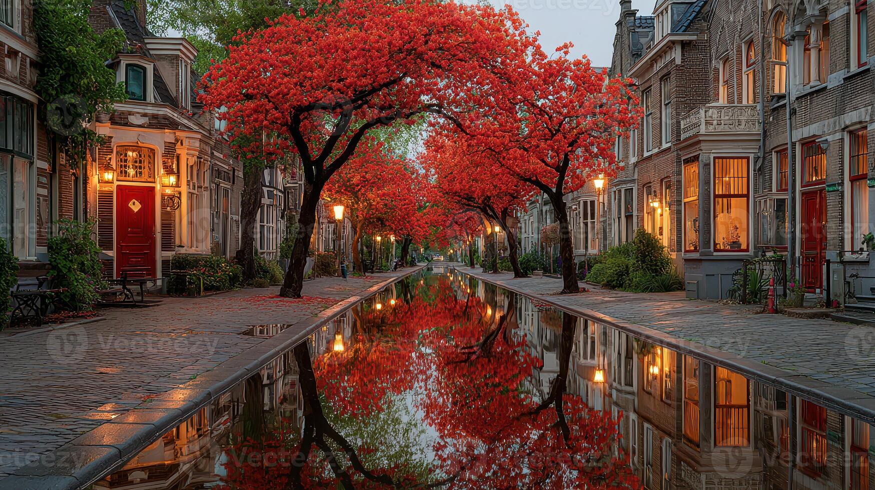 Vibrant autumn trees line a tranquil street reflected in the calm waters at twilight in a charming neighborhood photo