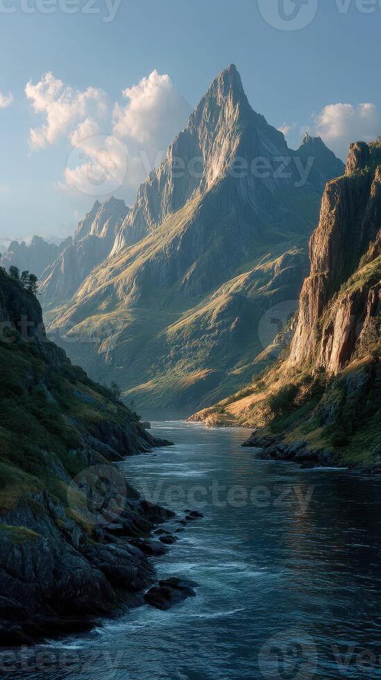 Majestic mountain landscape with tranquil river flowing through valleys at sunset photo