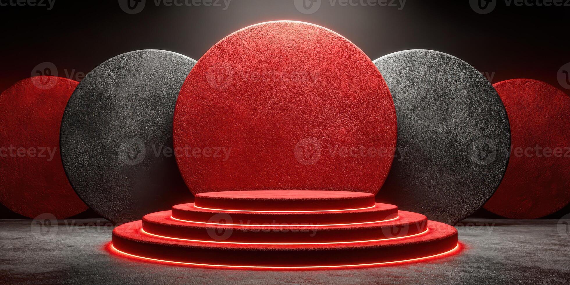 Red and black circular stage design set in a dark environment for an artistic presentation or performance photo