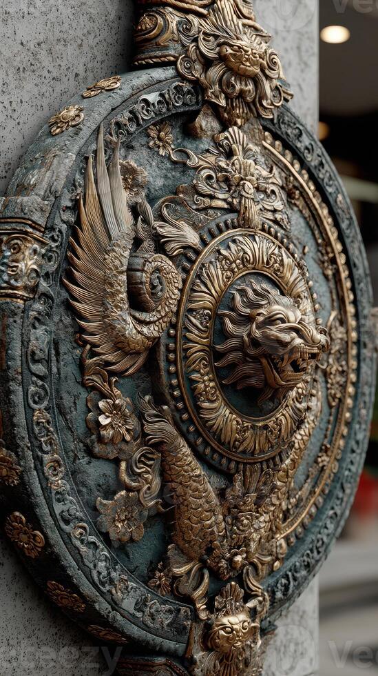 Intricate wall decoration featuring ornate design with mythical creatures in a modern setting photo
