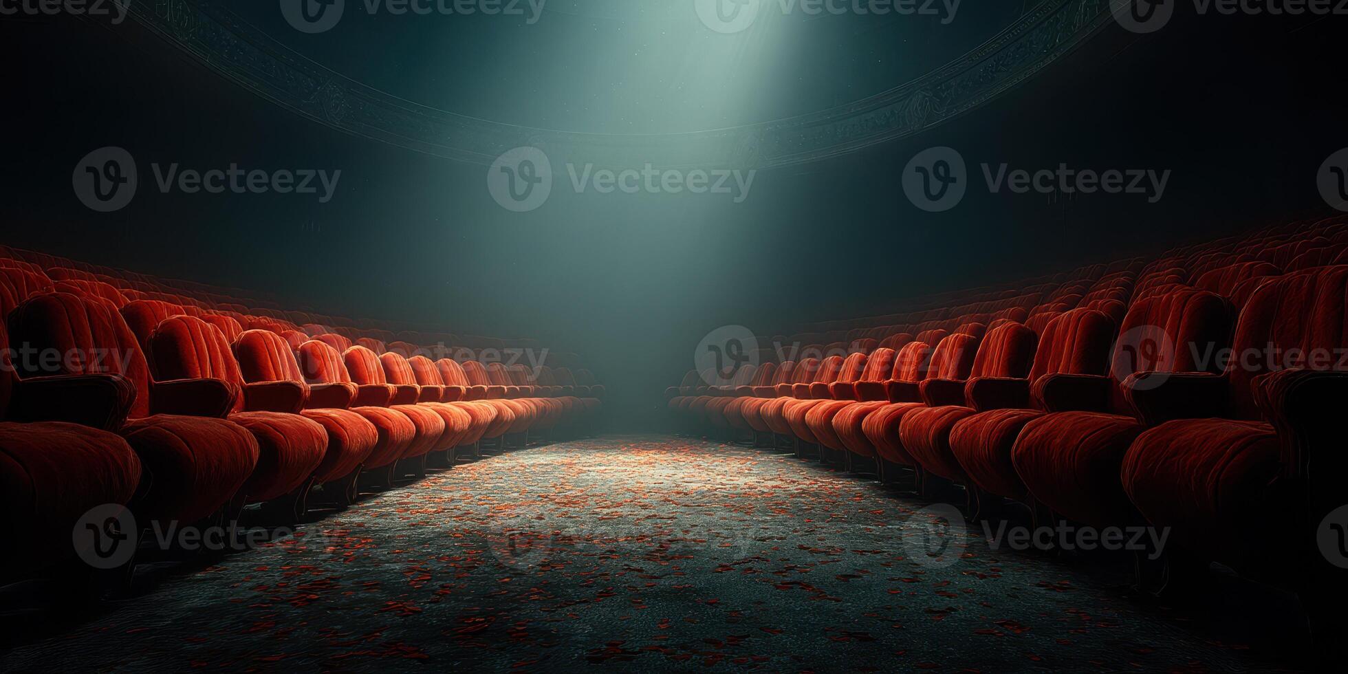 Empty theater with red velvet seats illuminated by soft light creating a dramatic atmosphere photo