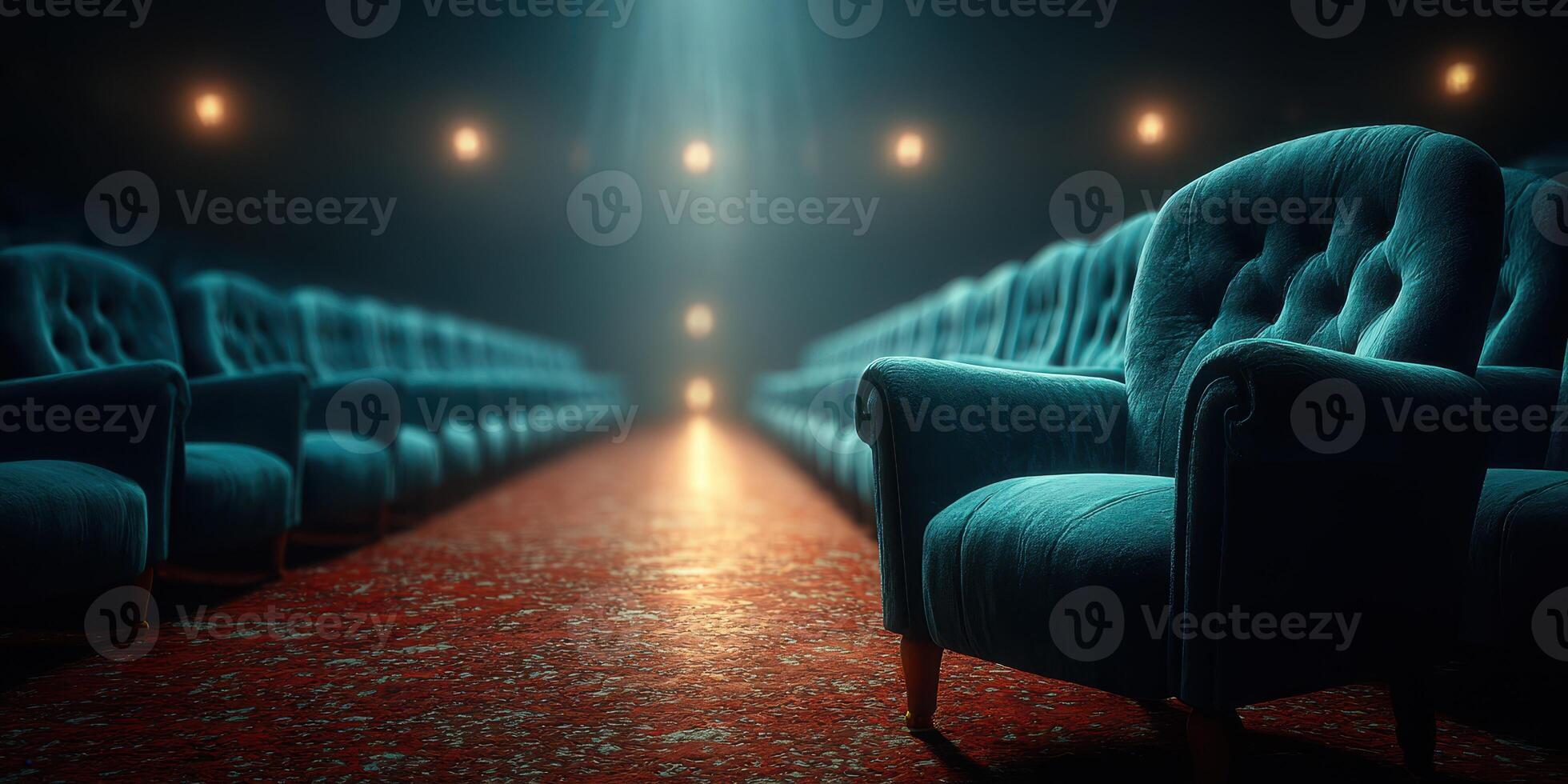 Rows of plush chairs illuminated by soft light create an inviting atmosphere in a vintage theater setting during a quiet evening photo