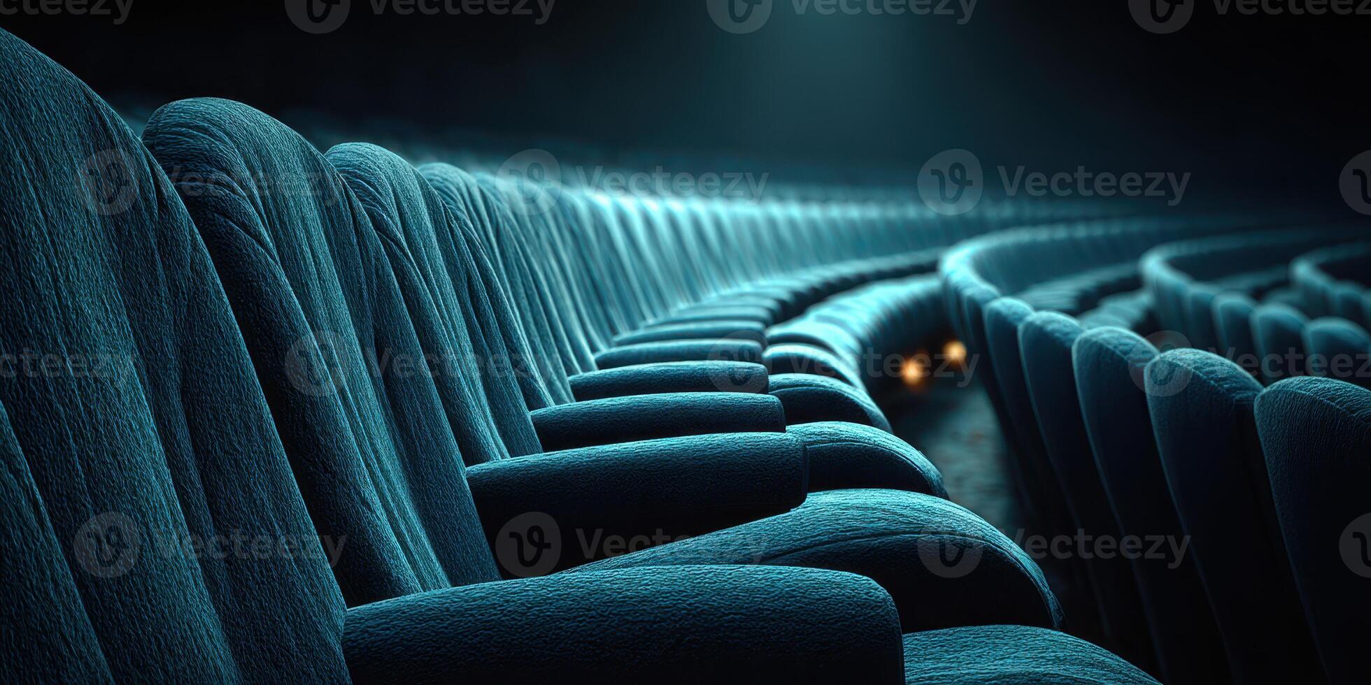 Rows of velvet theater seats illuminated by soft light create an inviting atmosphere for the audience during a performance photo