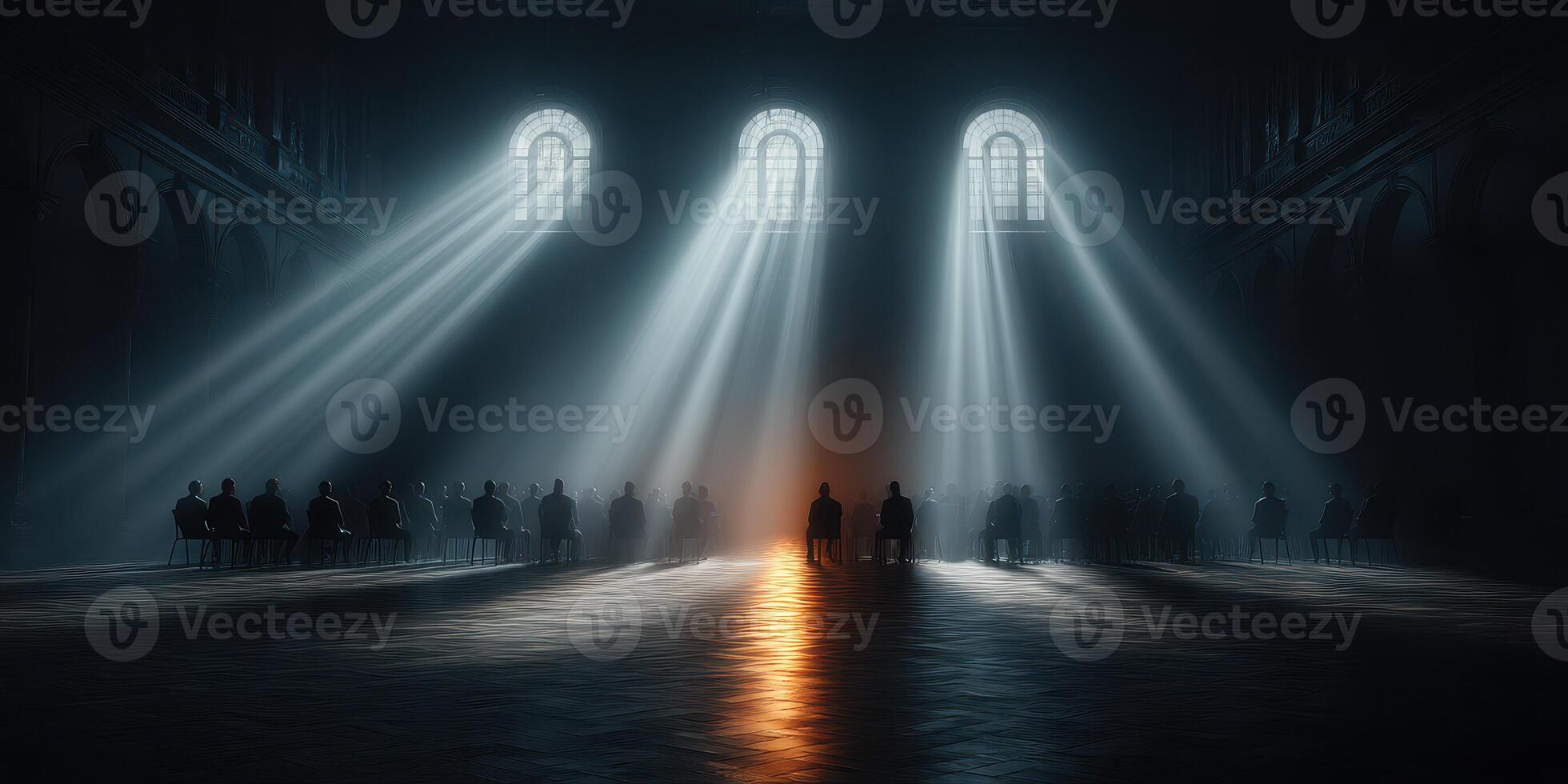 Mysterious gathering in a dark hall illuminated by beams of light during an evening event photo