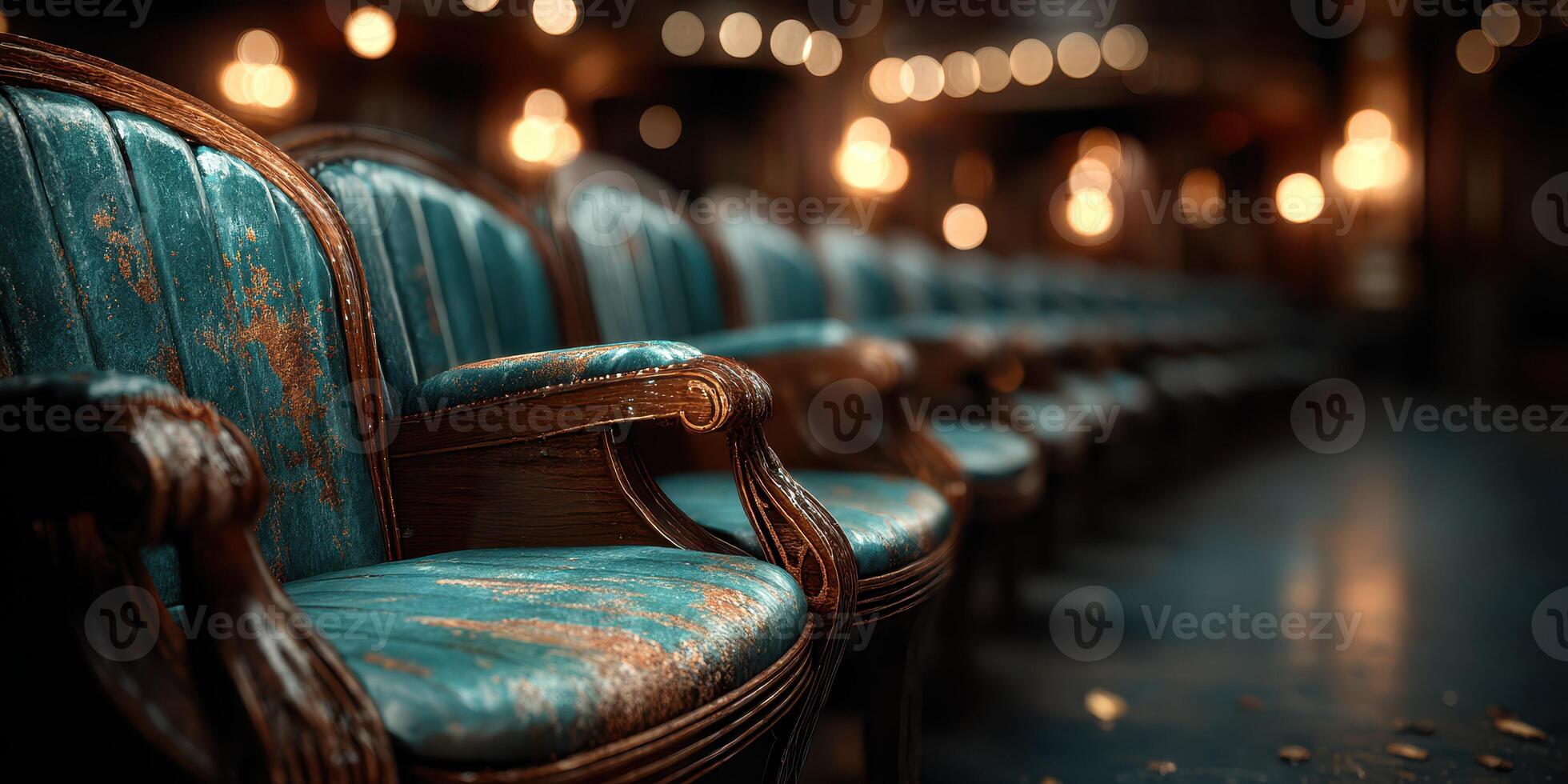Vintage wooden chairs with teal upholstery arranged in a dimly lit theater setting during an evening performance photo