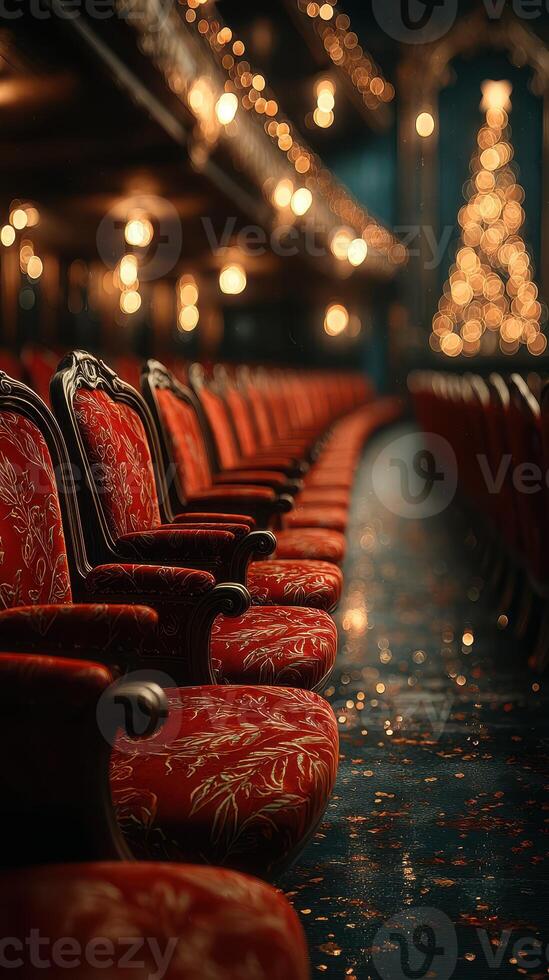 Elegant red velvet seats arranged in a theater with soft lighting and a decorated Christmas tree in the background during the festive season photo