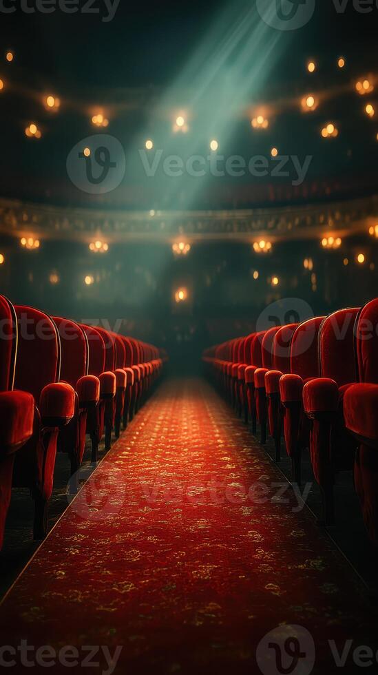 Warm red velvet seats and a cozy atmosphere in a historic theater prior to the evening performance photo