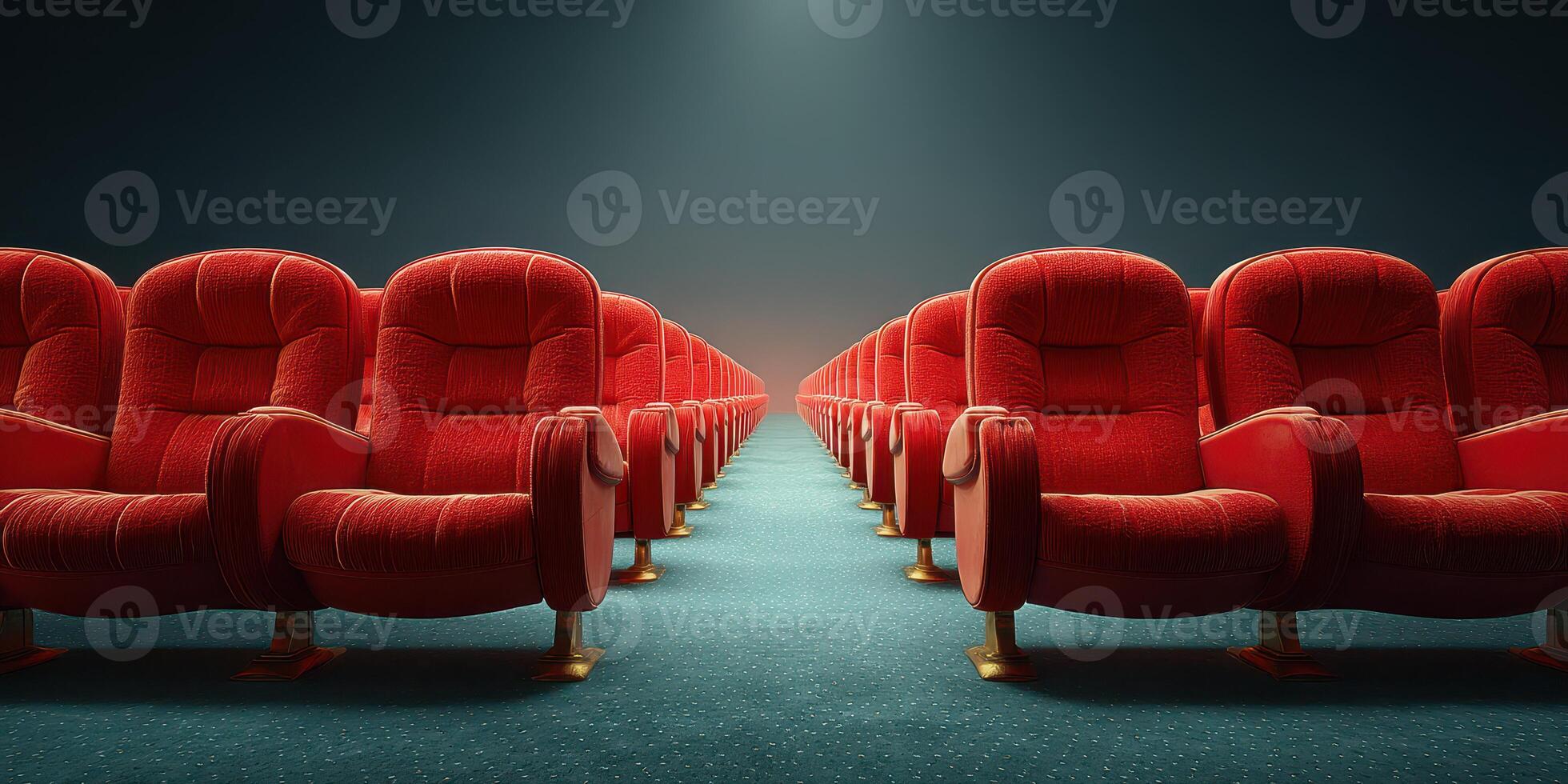 Empty red theater seats create a dramatic atmosphere for upcoming movie showings at the cinema late in the evening photo