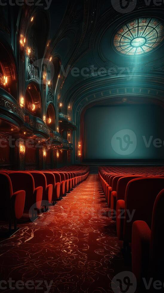 Elegant vintage theater interior with red velvet seats and intricate architecture illuminated by soft light photo