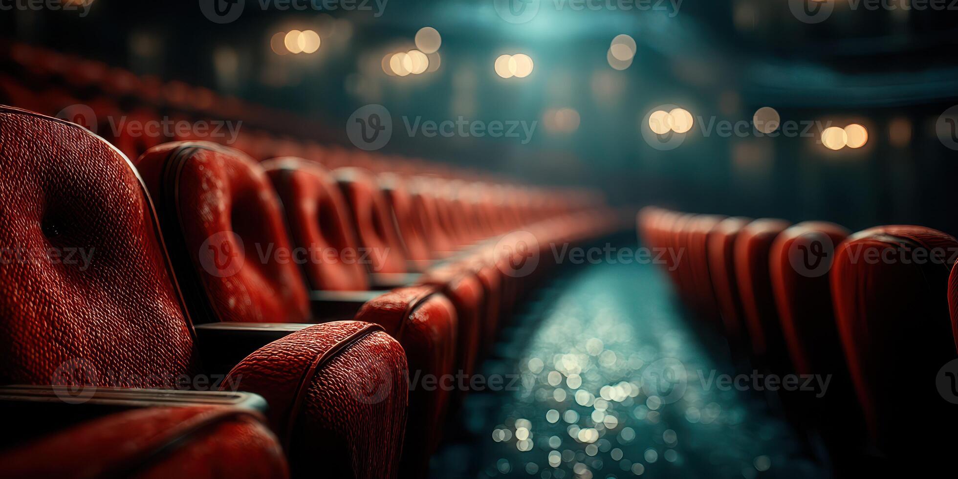 Empty red velvet theater seats create an atmosphere of anticipation in an elegant auditorium at dusk photo