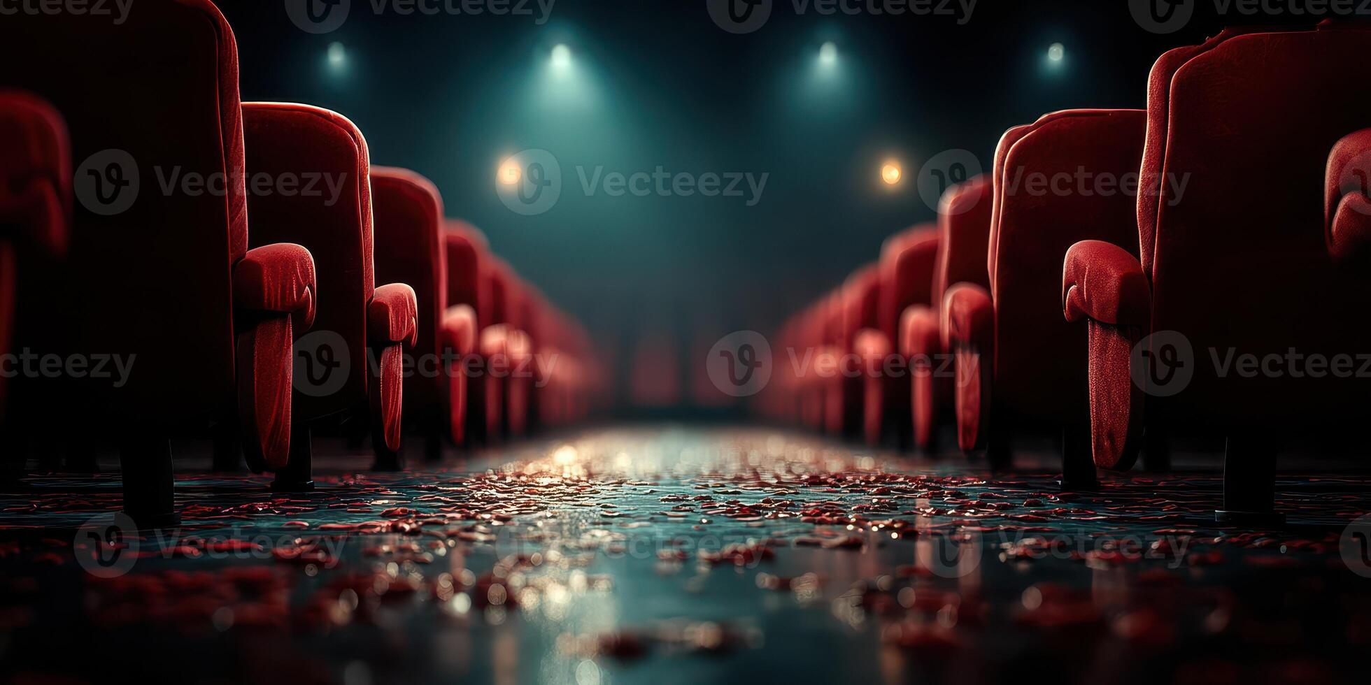 Rows of empty red chairs in a dimly lit theater with scattered leaves on the floor and soft lighting at night photo