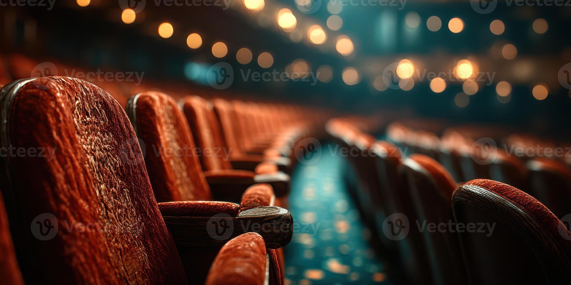 Empty theater seats illuminated by warm lights create a cozy atmosphere before the show begins in the evening photo