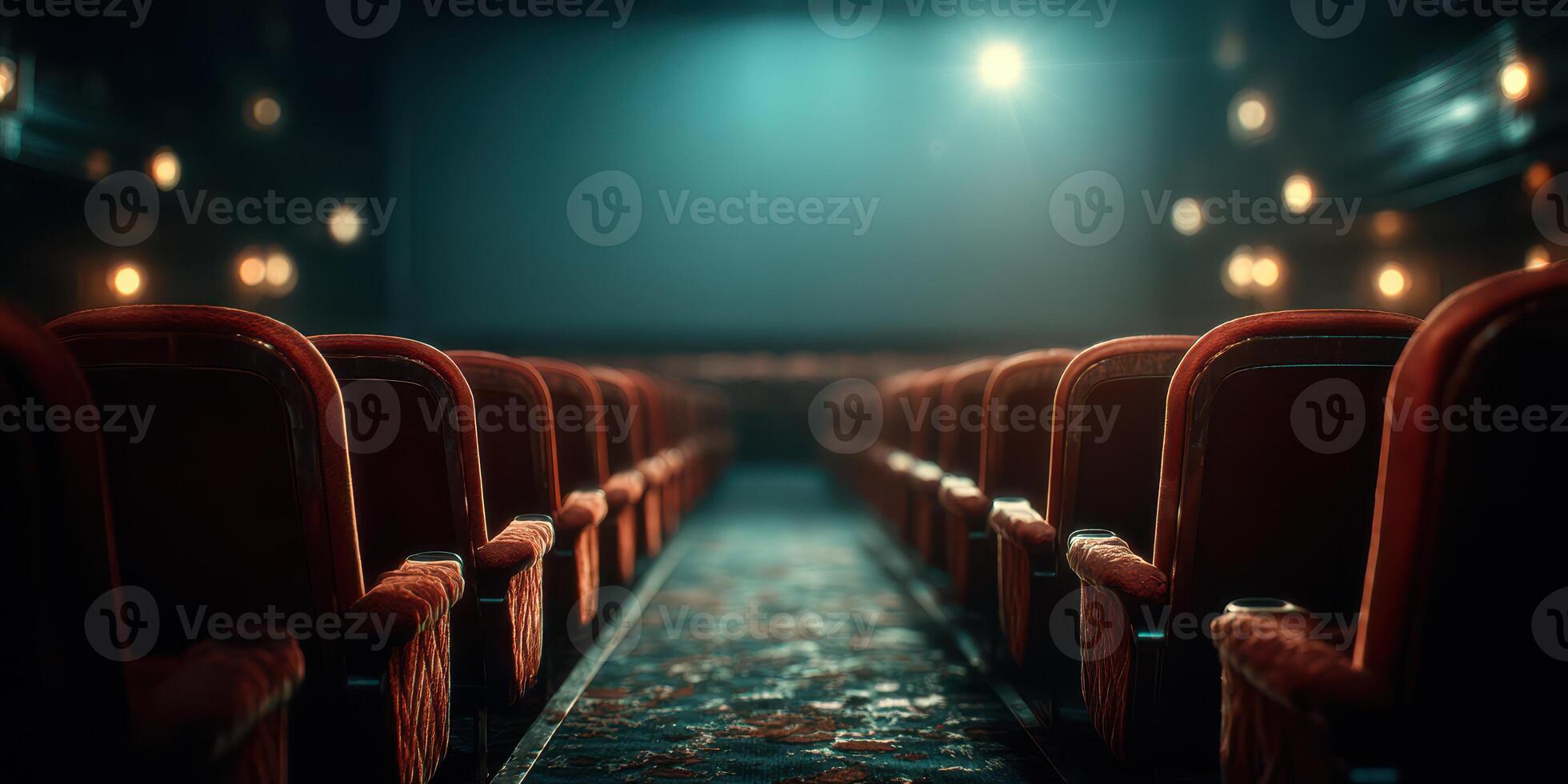Empty theater ready for the next film screening with warm lighting and classic decor photo