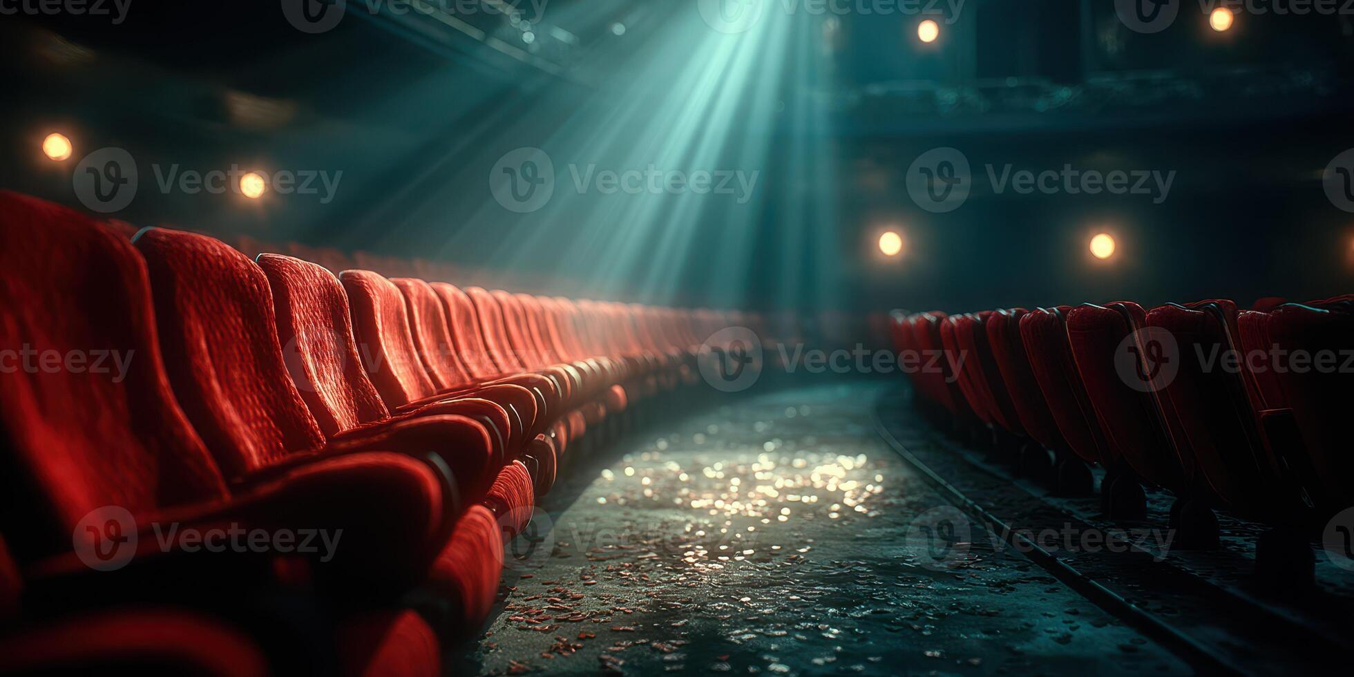 Rows of empty red theater seats illuminated by soft light in an abandoned venue highlighting the beauty of nostalgia and stillness photo