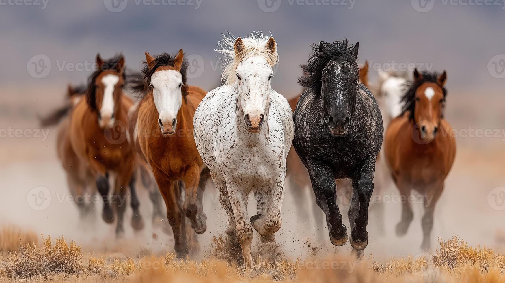 Herd of horses galloping across a dusty landscape during golden hour in a serene wilderness area photo
