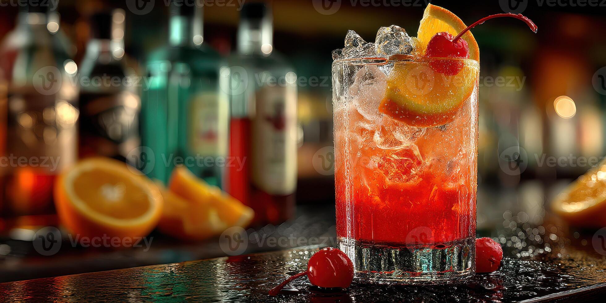 Bright cocktail garnished with fruit and cherries on a bar counter during an evening gathering photo