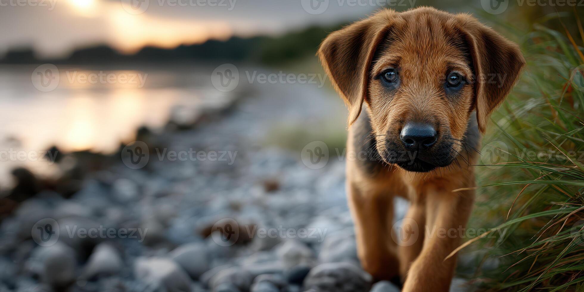 Playful puppy exploring a rocky shoreline at sunset with a beautiful water view in the background photo