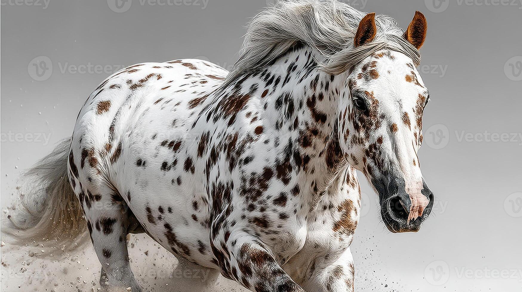 Spotted horse galloping across a sandy surface during daytime with a dramatic background photo