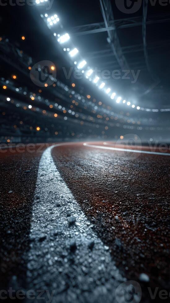 Track surface under stadium lights during an evening sporting event with vibrant atmosphere and anticipation gripping the air photo