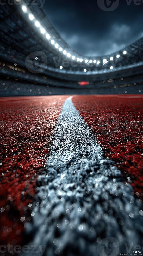 Track surface glimmers under stadium lights before a major athletic event at dusk photo