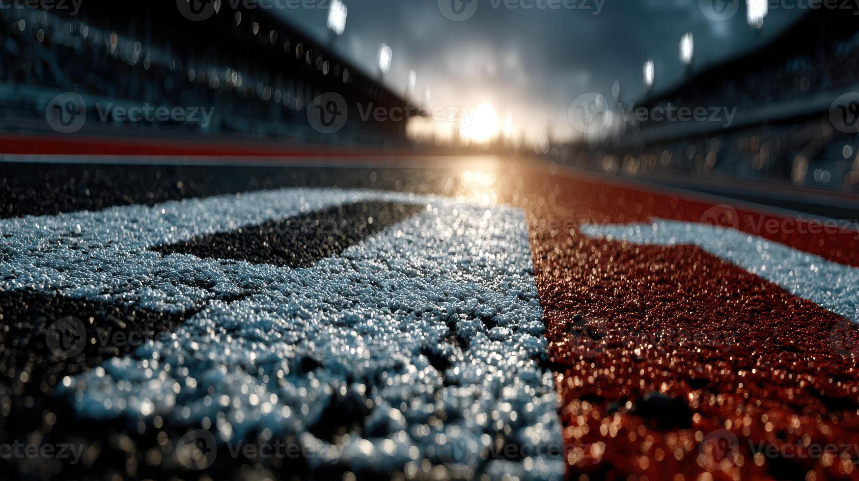 Close-up of racetrack surface at sunset with raindrops creating a reflective scene photo