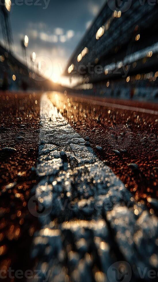 Sunset over a racetrack with illuminated stadium stands and wet asphalt in the foreground photo