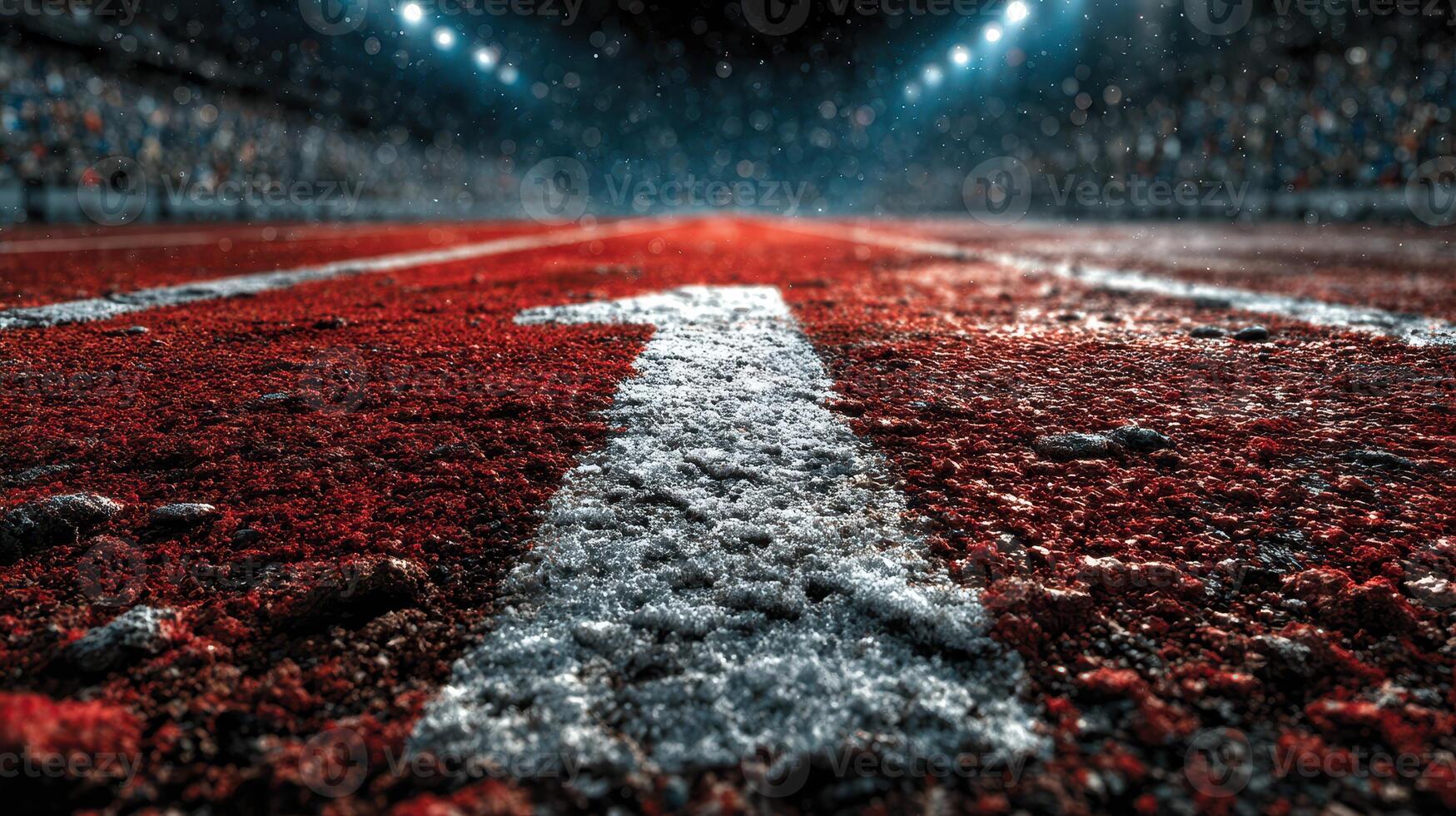 Track surface with starting line number in a stadium illuminated by bright lights during a nighttime sports event photo