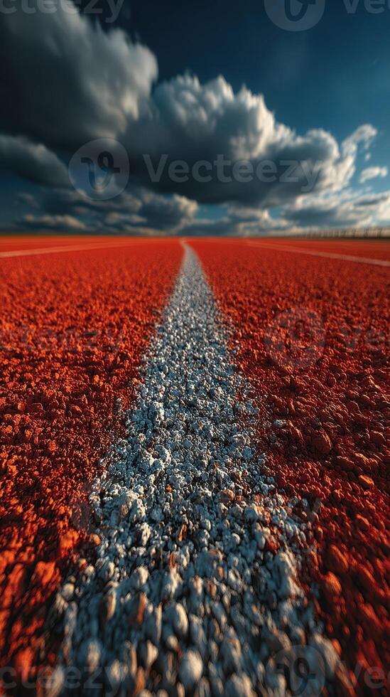 Vibrant red track leading to dramatic clouds under an expansive sky during a late afternoon photo