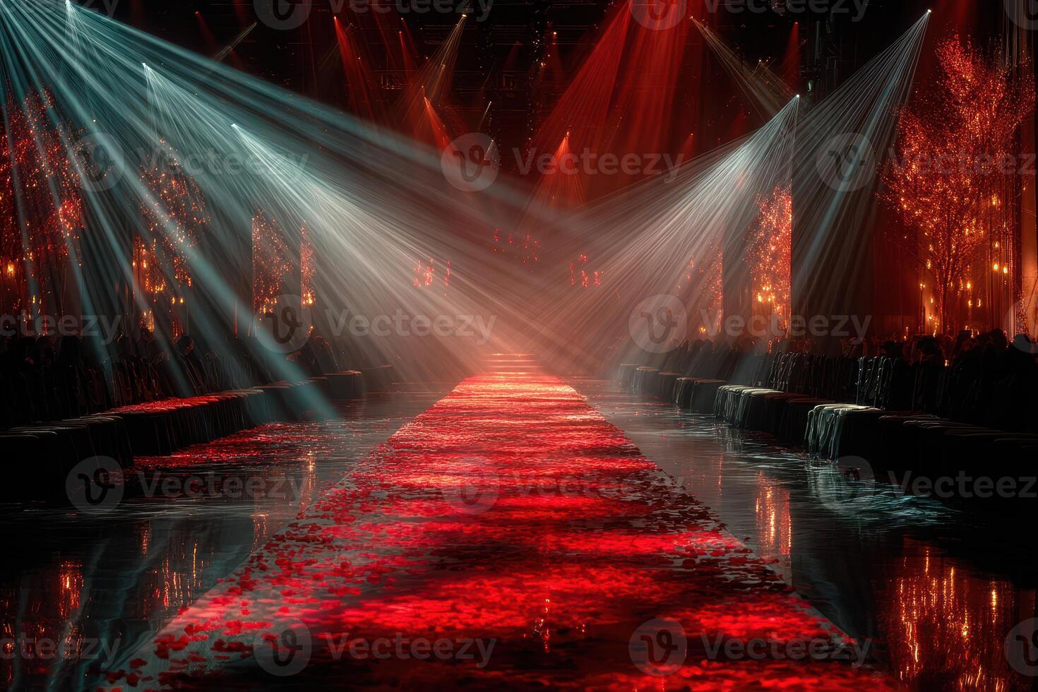 Dramatic fashion runway illuminated by red and blue lights showcasing a striking atmosphere during a high-profile event photo