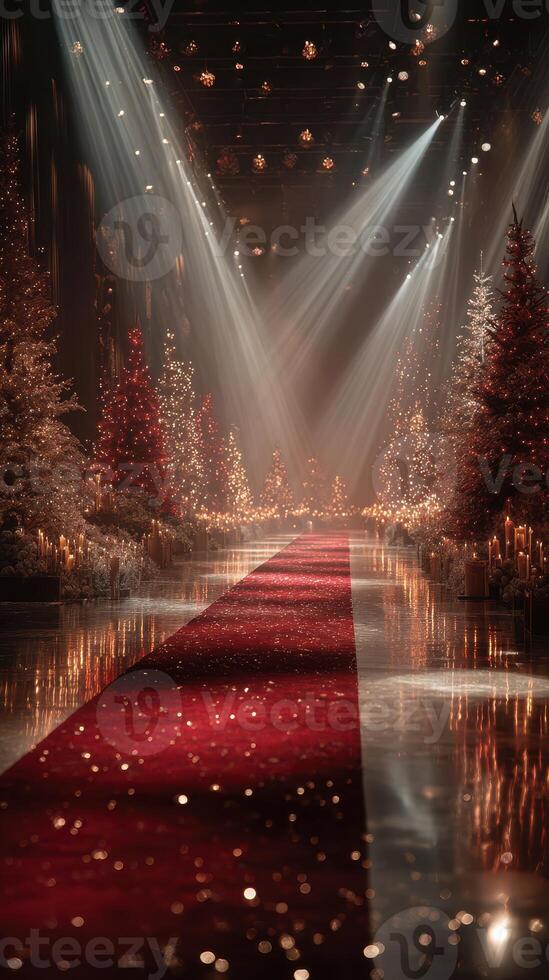Elegant Christmas stage decor with shining lights and decorated trees in a festive setting photo