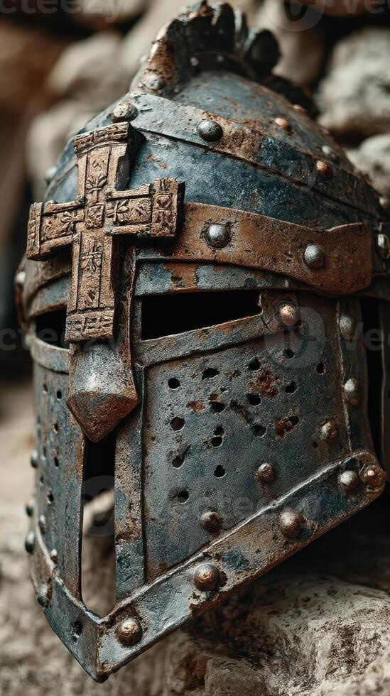 Medieval knight helmet with intricate cross detail showcased in an ancient setting photo