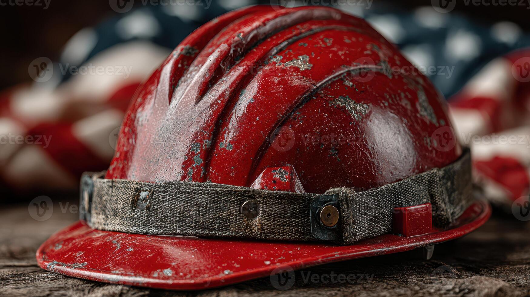 Worn red hard hat resting on a weathered surface with an American flag background conveying hard work and dedication photo