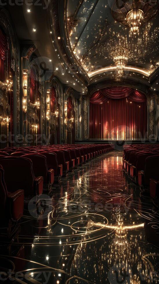 Elegant theater interior with luxurious seating and dazzling chandeliers during a spectacular performance evening photo