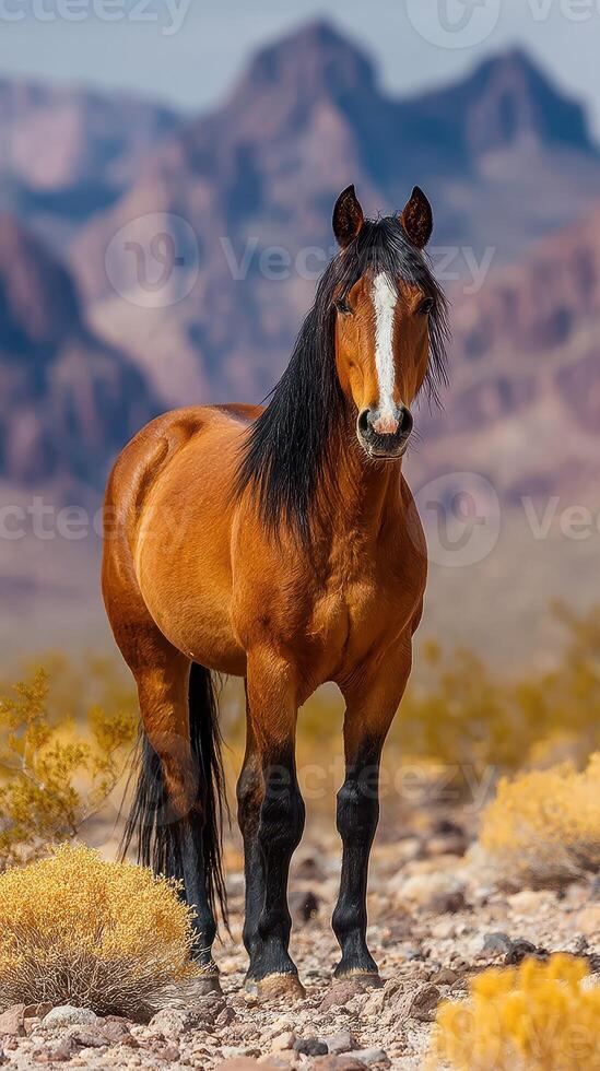 Majestic horse stands confidently in arid landscape with mountains in the background during clear day photo