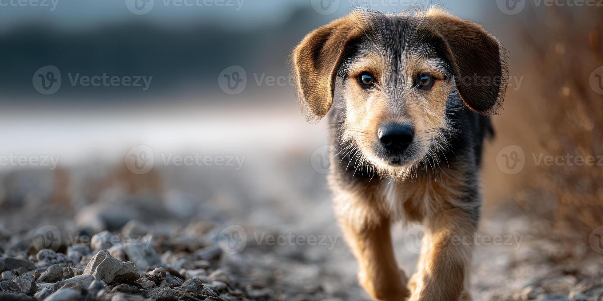 Playful puppy exploring a rocky path during golden hour in an outdoor setting photo