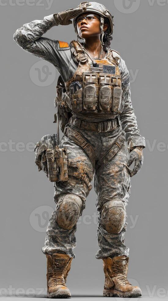 Soldier saluting outdoors in military uniform with tactical gear at a training base during daytime photo