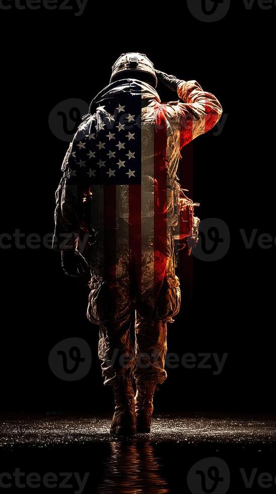 Soldier salutes with American flag overlay in dramatic lighting during a tribute to military service photo