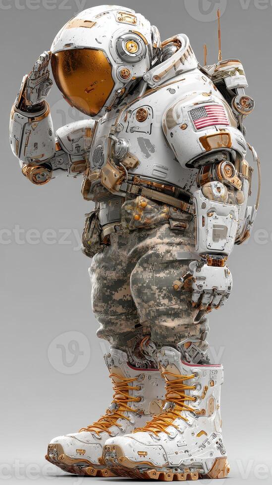 Robot astronaut saluting with intricate details and military-inspired design in a futuristic setting photo
