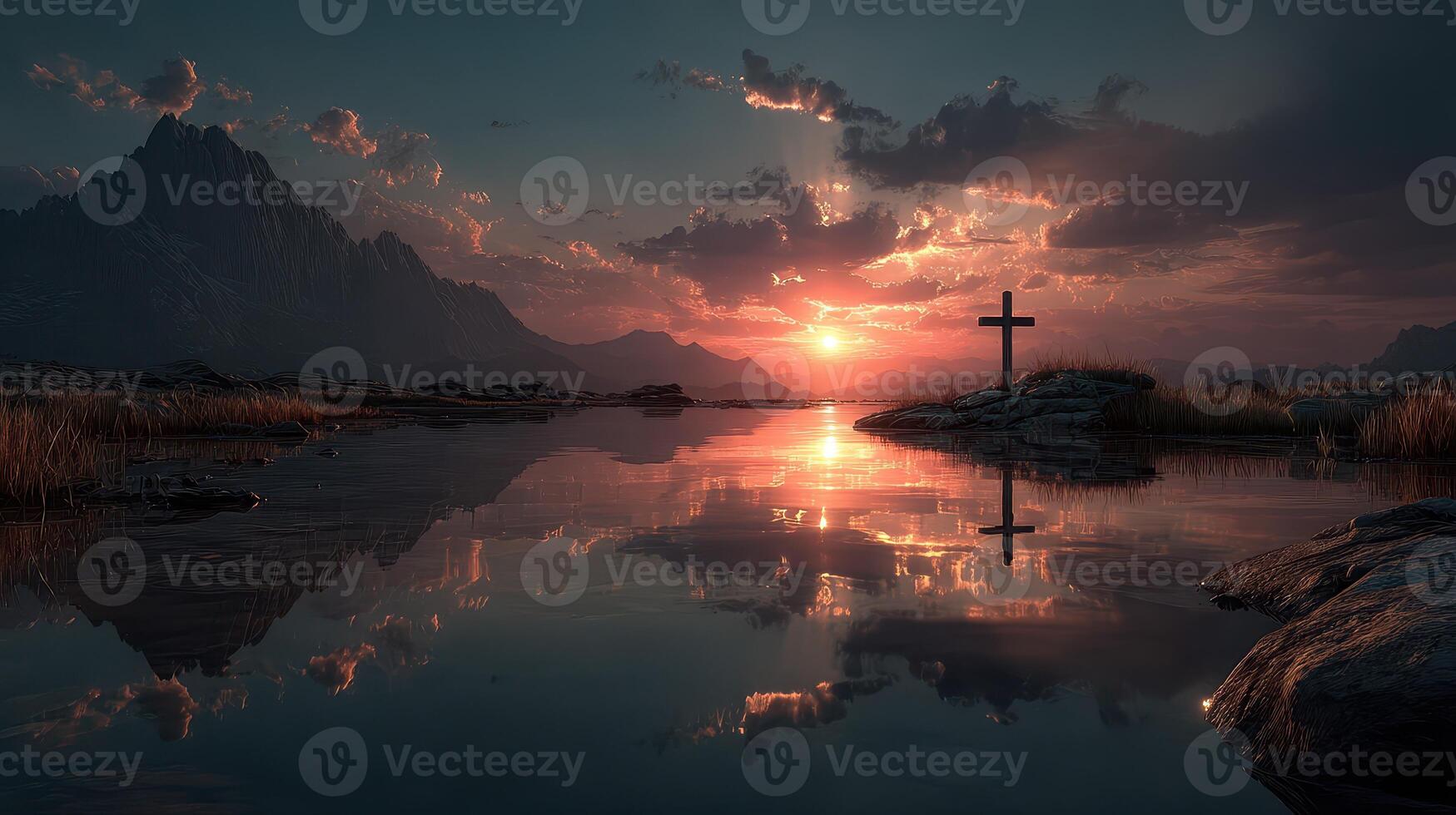 Sunset over tranquil waters with a cross reflecting in the lake near mountain range photo