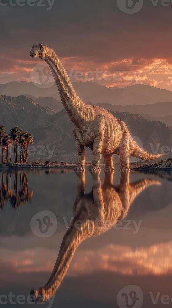 Realistic dinosaur stands by a tranquil lake at sunset with stunning mountain backdrop photo