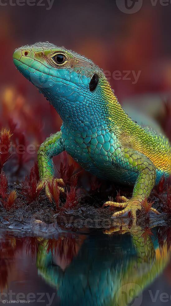 Colorful lizard basking near water in a natural habitat showcasing vibrant scales and reflective surroundings photo