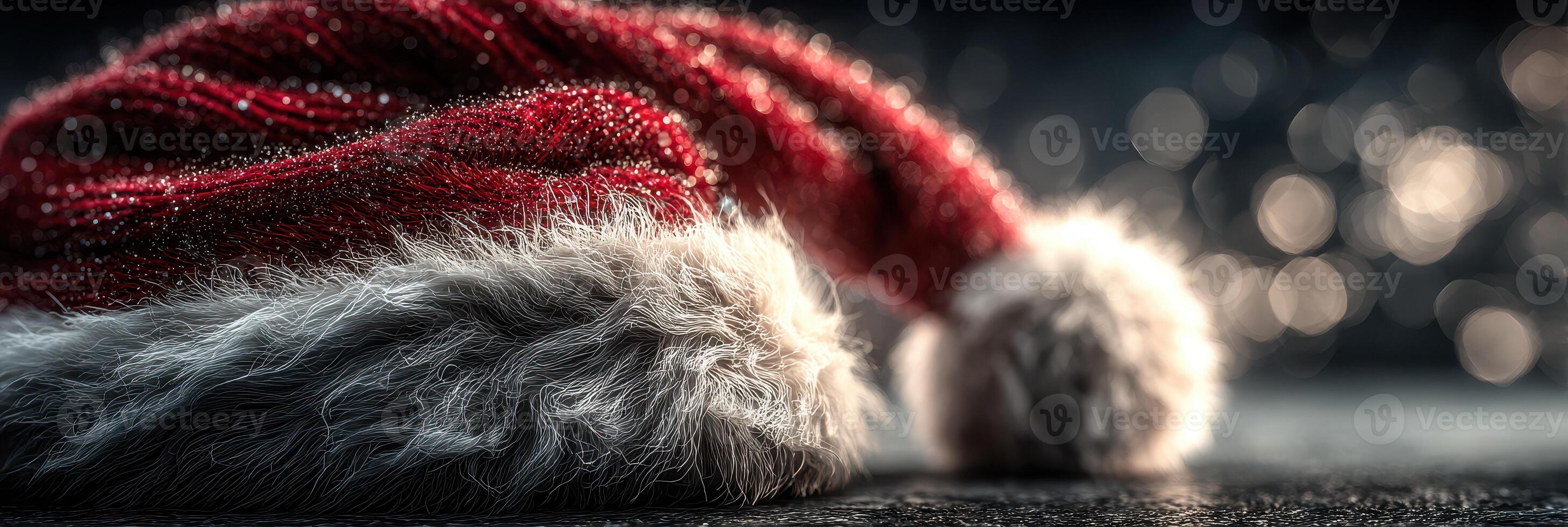 Festive red and white Santa hat on a dark surface surrounded by sparkling bokeh lights during the holiday season photo