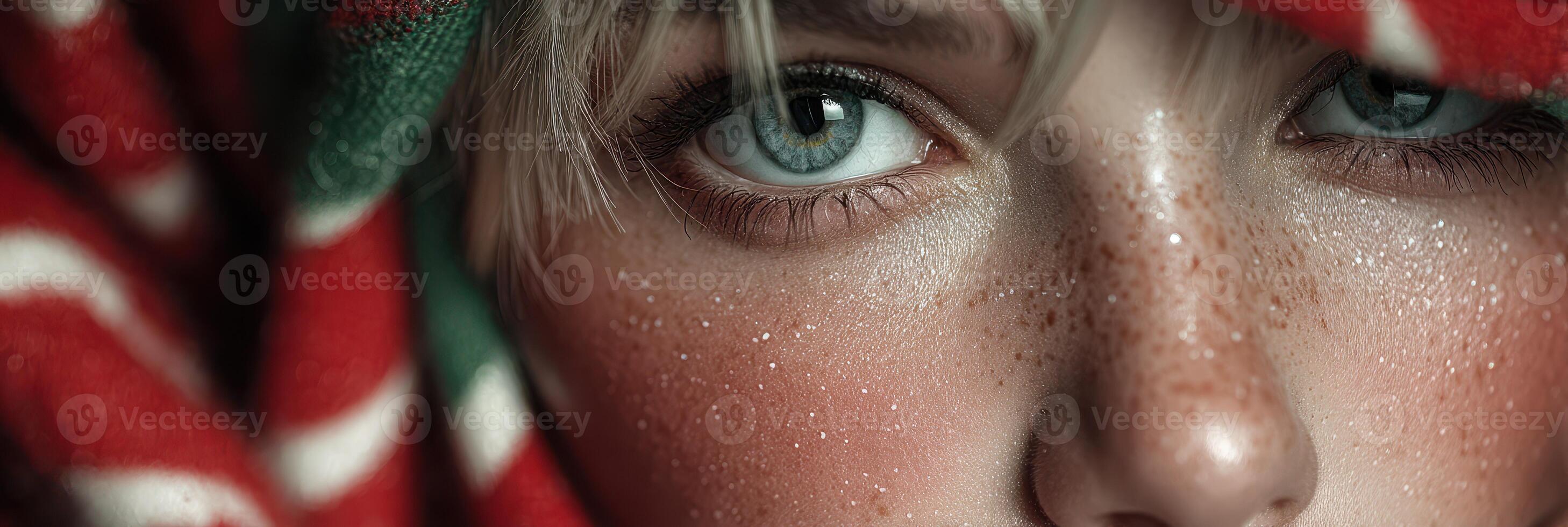 Close-up of a young person with striking blue eyes and freckled skin, wrapped in a colorful scarf during winter photo