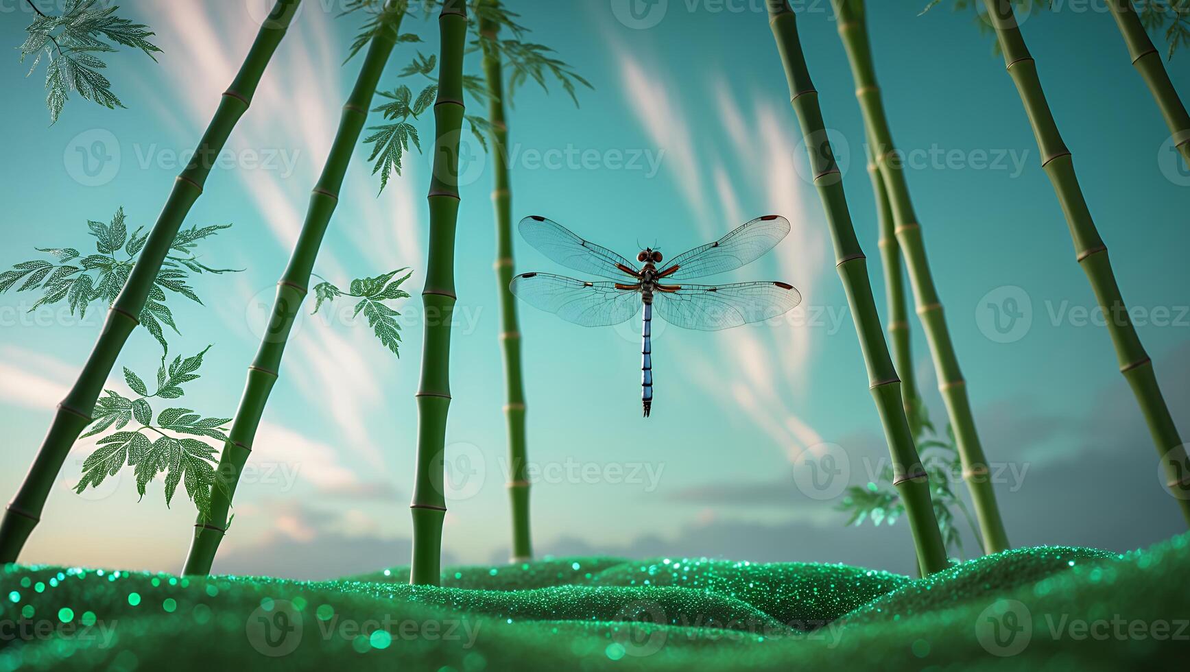 Dragonfly Flying Among Bamboo Plants with a Glittering Green Foreground photo